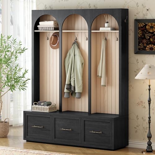 Merax Farmhouse Wood Hall Tree with 8 Hooks and Storage Shoe Bench, Arched Mudroom Versatile Coat Racks with 3 Drawers, Entrance Organizer for Hallway Black