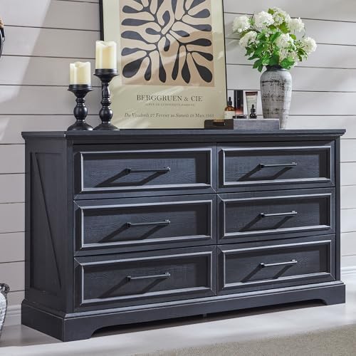 ACCOHOHO 52" Wide Farmhouse 6 Drawer Dresser for Bedroom, Black