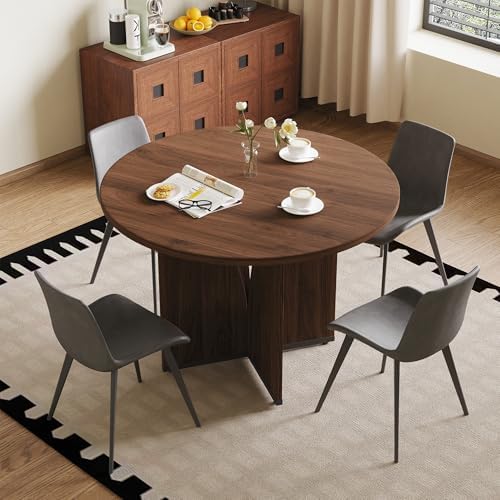 HIPIHOM Modern Round Dining Table Set for 2, 39.4" Walnut Kitchen Table with 2 PU Leather Chairs, 3-Piece Mid-Century Dining Room Set for Small Spaces, Pedestal Base & Ergonomic Padded Chairs