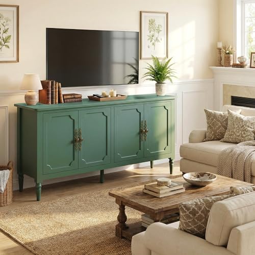 RoyalCraft 118" Buffet Cabinet with Storage, Vintage Sideboard with Adjustable Shelves, Mid Century Modern Painted Credenza Coffee Bar for Kitchen, Dining Room, Entryway, Living Room, Forest Green