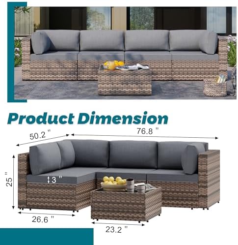 SUNLEI 8 PCS Patio Furniture Set with 45" 50000BTU Gas Propane Fire Pit Table, All Weather PE Wicker Rattan Patio Conversation Sofa with Coffee Table (Brown Rattan Grey, 5 Pcs)