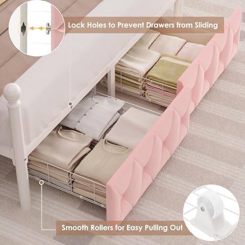 HIFIT Full Size LED Canopy Bed Frame with Storage & Charging Station, Pink