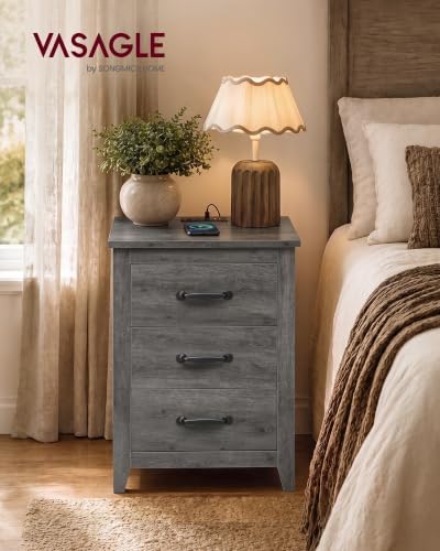 VASAGLE Farmhouse Nightstand with Charging Station, 3 Drawers
