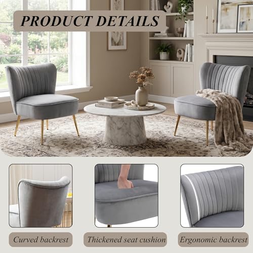 Velvet Accent Chair Set of 2 Comfy Living Room Chair Armless Slipper Chair Mid Century Side Chair Single Sofa Chair with Golden Legs Wingback for Bedroom Guest Room, Grey