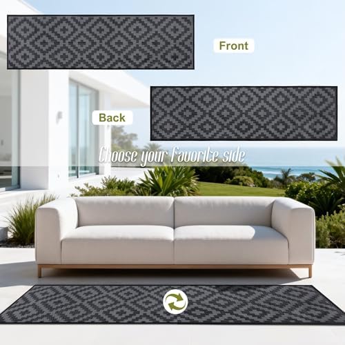 SAND MINE Waterproof Outdoor Rug, Plastic Reversible Rug, Modern Area Rug, Large Floor Mat for Outdoors, RV, Patio, Backyard, Deck, Picnic, Beach, Camping (2.5' x 8', Black Grey Lattice)