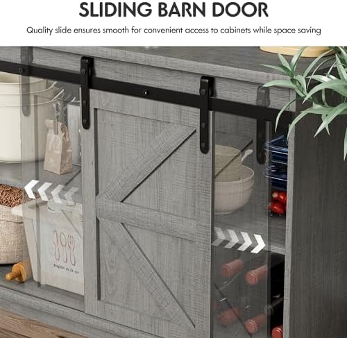 Shahoo Farmhouse Sideboard Buffet Cabinet, Coffee Bar Storage with Sliding Barn Doors, Shelf for Home Dining Room, Grey