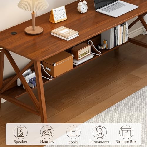 NELYE Extra Long Writing Desk with Bookshelf, 71" Wx20 Dx30 H, Walnut