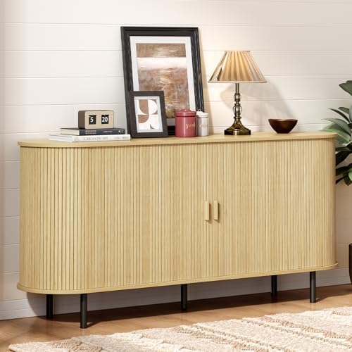 ONBRILL 63" Sideboard Buffet Cabinet, Sliding Door/Adjustable Shelf, Oak