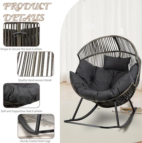 Shintenchi Wicker Egg Chair,Oversized Outdoor Indoor Rocking Chair, Large PE Rattan Rocking Chair with Cushion for Patio, Balcony, Backyard, Garden, Deep Grey