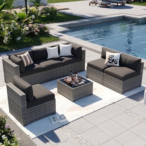 Aoxun Patio Furniture Sets, 7-Piece Outdoor Patio Furniture with Thick Cushions, Wicker Outdoor Conversation Set Sectional Sofa for Backyard, Poolside, Garden (Black-Grey, 7 x 25.2 - Seats)
