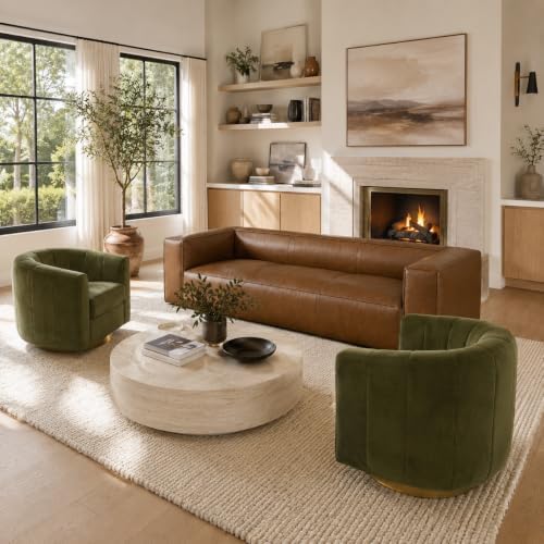 3-Piece Living Room Set, Genuine Leather Sofa + 2 Swivel Chairs
