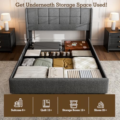 Queen Bed Frame with Hydraulic Gas Lift Up Storage, Linen Upholstered