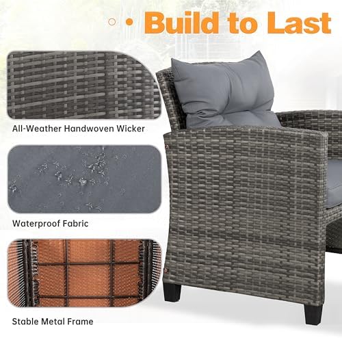 Shintenchi 5 Pieces Patio Furniture Set, Outdoor Wicker Patio Conversation Set with Ottoman, All Weather Rattan Outside Chairs with Coffee Table & Cushion for Porch, Garden, Backyard, Gray