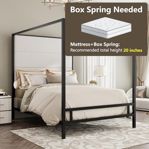 LUMISOL King Size Canopy Bed Frame with Tall Upholstered Headboard, Four Poster Metal Platform Bed with Velvet Headboard, Modern Luxury Canopy Bed, Box Spring Needed, Black + White