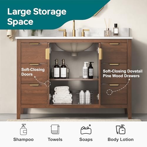 48 Inch Bathroom Vanity with Sink, Pre Assembled, Walnut | Solid Wood Single Sink Bathroom Vanity with Soft Close Doors & Dovetail Drawers, 0.78" Engineered Stone Top, Backsplash