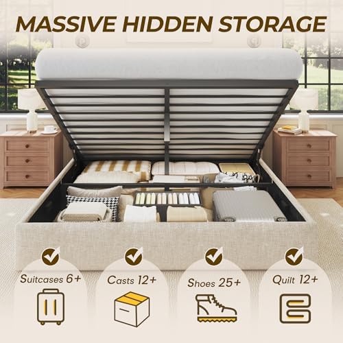 HISOFT Queen Size Lift Up Storage Bed Frame, Linen Upholstered Platform Bed with Wingback Headboard, Heavy Duty Hydraulic Gas Lift Underbed Space, Reinforced Full Metal Slats, Noise Free, Beige