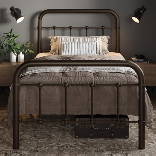 Allewie Twin Metal Bed Frame with Victorian Headboard, Antique Bronze