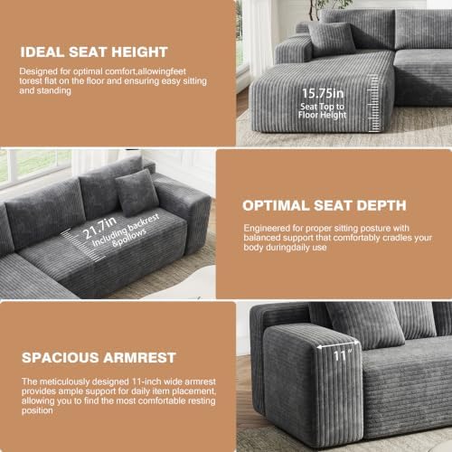96" L-Cloud Sectional Boneless Couches for Living Room, Corduroy Fabric Modular Sectional Sofa with Chaise, Cloud-Couch Deep Seat Sofa, No Assembly Required, Gray
