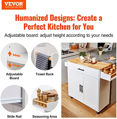 VEVOR Kitchen Island Cart with Solid Wood Top, 35.4" Width Mobile Carts with Storage Cabinet, Rolling Kitchen Table with Spice Rack, Towel Rack, Drop Leaf and Drawer, Portable Islands on Wheels, White
