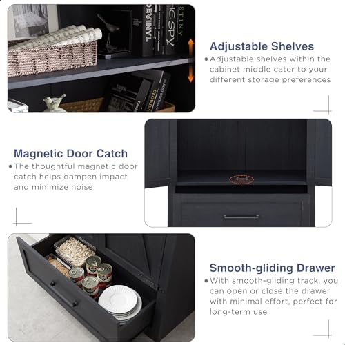 Farmhouse Kitchen Pantry Cabinet - 72" Tall Wood Kitchen Storage Cabinets with Adjustable Shelves & 2 Barn Doors & Drawer, Versatile Storage for Dining Room, Bathroom, Utility Room, Antique Black | Large