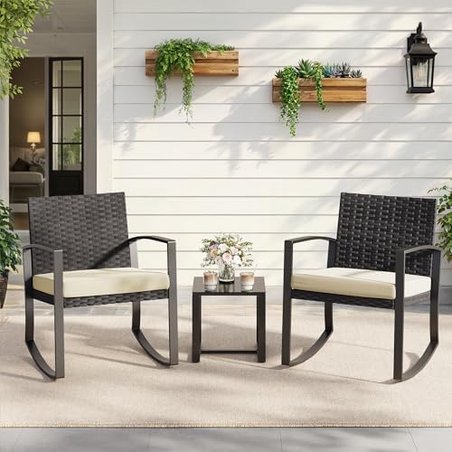 Qsun 3 Pieces Porch Furniture Set Patio Rocking Bistro Set Outdoor Patio Chairs Rattan Conversation Sets with Coffee Table for Front Porch Garden Balcony Backyard Poolside (Beige Cushion)