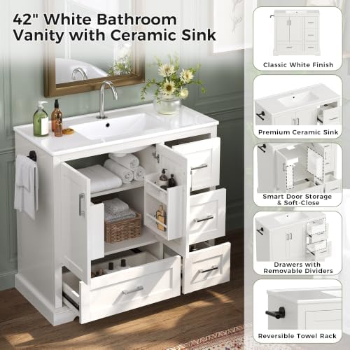 LUMISOL 42 Inch Bathroom Vanity with Sink, Freestanding Bathroom Vanity with Ceramic Sink, Soft-Close Doors, 4 Drawers, Door Storage Shelves, Towel Rack, White