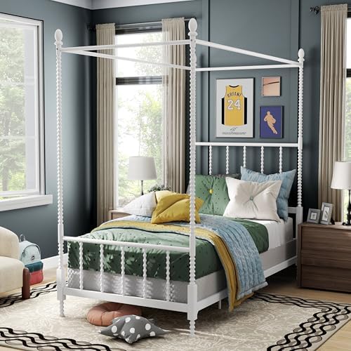 Furniture of America Vaeli Modern Metal Twin Size Four Poster Bed Frame with Spindles, Canopy Bedframe for Bedroom, Guest Room, Box Spring Required, White