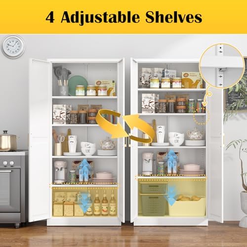 Steeloong 71"Metal Pantry Storage Cabinet with Doors & 4 Adjustable Shelves | Kitchen Pantry Cabinet,White Kitchen Cabinet with 2 Gold Handles,Tall Cabinet for Livingroom,Pantry, Bathroom,Kitchen