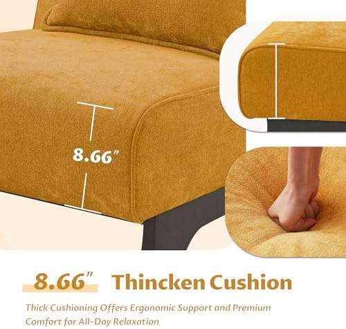 Upholstered Armless Accent Chair Set of 4,Modern Comfy Living Room Chairs with Wooden Legs& Pillows,Lounge Sofa Side Chair for Bedroom Farmhouse Reading (4 PCS, Yellow)
