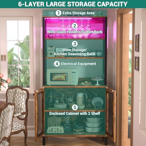 Aheaplus Bar Cabinet with Power Outlets, 67" Tall Wine Bar Liquor Cabinet
