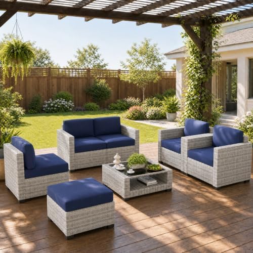 LOUVIXA 7 Piece Outdoor Patio Furniture Set, Rattan Chairs Glass Table Wicker Conversation Seating Sectional Sofa with Cushions (Grey White-Navy, 7Pcs-2 Layer Coffee Table)