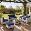 LOUVIXA 7 Piece Outdoor Patio Furniture Set, Rattan Chairs Glass Table Wicker Conversation Seating Sectional Sofa with Cushions (Grey White-Navy, 7Pcs-2 Layer Coffee Table)