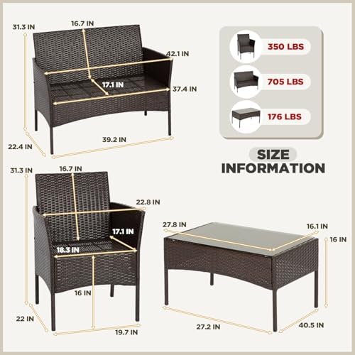 FDW 4-Piece Patio Furniture Set | Brown & Blue | Outdoor Wicker Furniture