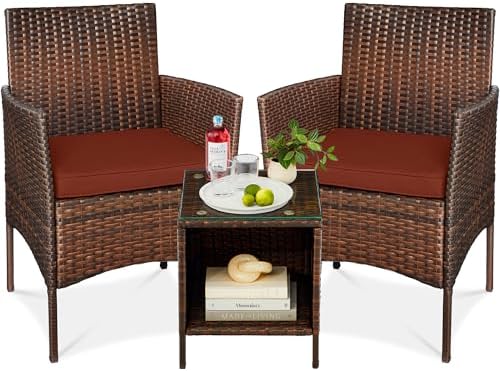 Best Choice Products 3-Piece Outdoor Wicker Conversation Bistro Set, Space Saving Patio Furniture for Garden w/Side Table - Brown/Dark Rust