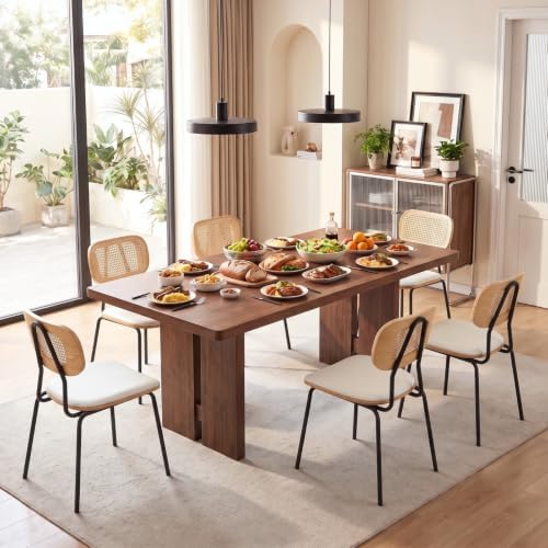 CIMOTA Rattan Dining Chairs Set of 4, Cane Back Kitchen Chairs with Metal Legs, Faux Leather Seat, Armless Dining Room Chairs for Kitchen, White