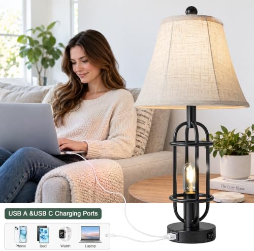 Reaketon 24.3" Farmhouse Table Lamps for Living Room Set of 2, Black