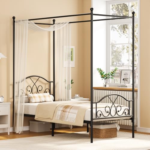 Twin Princess Canopy Bed Frame with 4 Posters, Twin Size Bed for Kids Girls