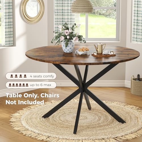 Unovivy 47 Inch Round Dining Table for 4,Space Saving Circle Dining Table with Pedestal Metal Frame,Farmhouse Wood Round Kitchen Table for Living & Dining Room,Rustic Brown