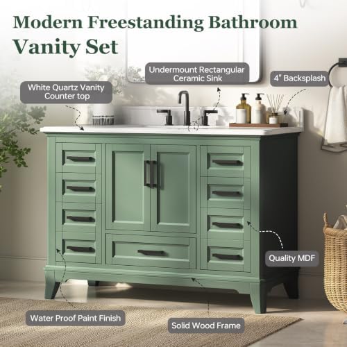 48 Inch Fully Assembled Bathroom Vanity with Sink, Sage Green | Modern Solid Wood Freestanding Vanity for Bathroom, Quartz Top & Backsplash, Soft-Close Doors, Dovetail Drawers, Bath Upgrade