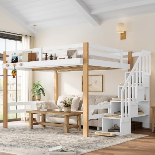 KEIKI Full Size Wooden Loft Bed Frame with Staircase, Clothes Hook, White