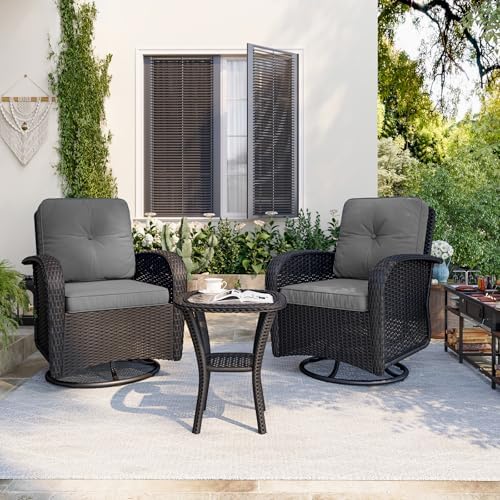 Aoxun 3 Pieces Patio Furniture Set, Patio Swivel Rocker Chairs Set of 2, Wicker Outdoor Bistro Set with Rocking Chair, Thickened Cushions and Table for Porch (Light Grey)