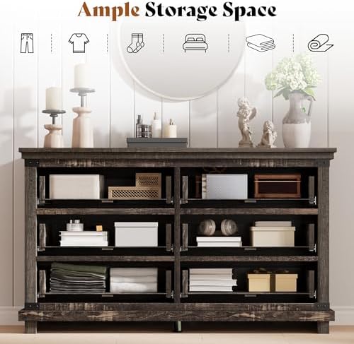 AMERLIFE 5 Pieces Farmhouse Bedroom Set, Includes Rustic Full Bed Frame with 54" Tall Headboard, 6 Drawer Dresser, 5 Drawer Tall Chest, Nightstands Set of 2 with Charging Station, Black Oak