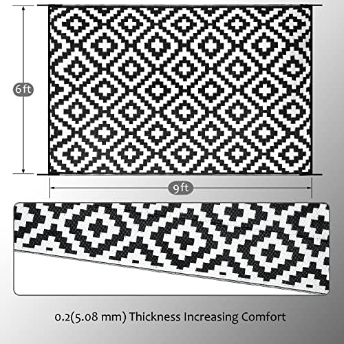 SAND MINE Waterproof Outdoor Rug 6x9 ft, Reversible Mats, Modern Area Rug, Large Floor Mat and Rug for Outdoors, RV, Patio, Backyard, Deck, Picnic, Beach, Trailer, Camping, Black & White Lattice