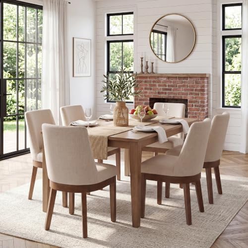 HNY Modern Dining Chairs Set of 6 with Comfortable Back Support, Farmhouse Soft Linen Upholstered Kitchen Dining Room Chairs with Solid Wood Legs, Armless Accent Side Chairs for Living Room, Beige