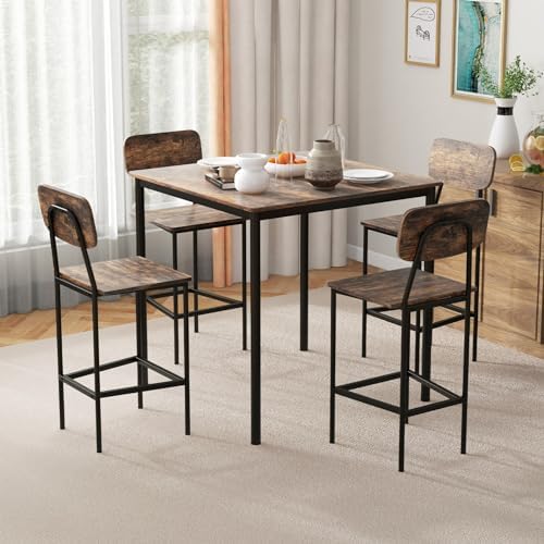 Giantex 5-Piece Dining Table Set W/Counter Height Table & 4 Bar Stools, Industrial Kitchen Dining Set W/Footrest & Backrest, Space-Saving Dinette Set for Pub, Dining Room, Restaurant (Mix Brown)