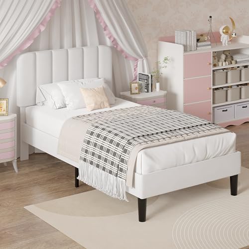VECELO Twin Size Bed Frame with Upholstered Headboard, Velvet Platform Bedframe Mattress Foundation, Strong Wood Slat Support, No Box Spring Needed,White