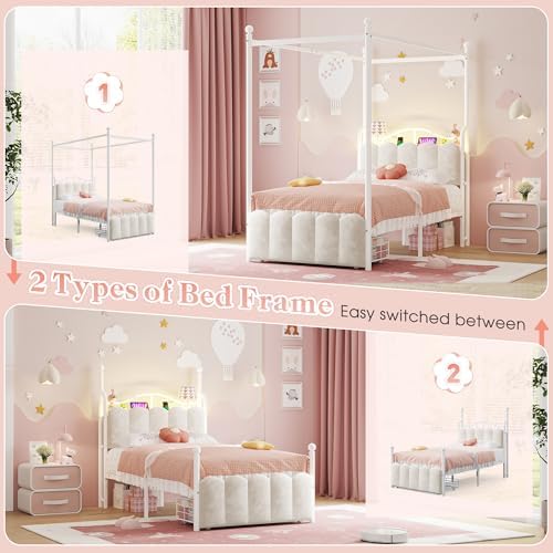 Homkdom Twin Canopy Bed Frame with Drawers and LED Lights & Charging,White