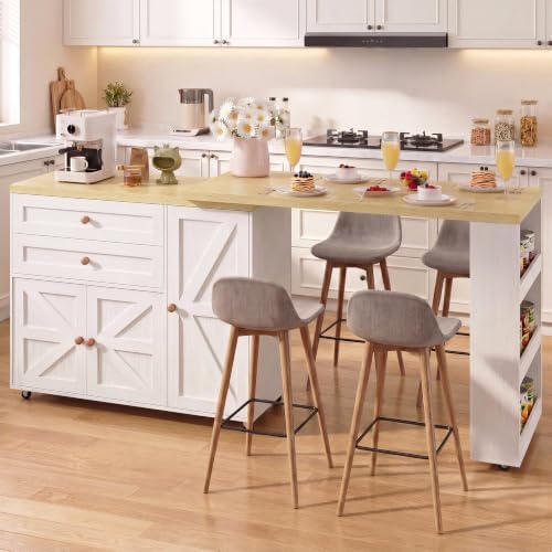 IRONCK Rolling Kitchen Island with 360° Swivel Table and Storage, White