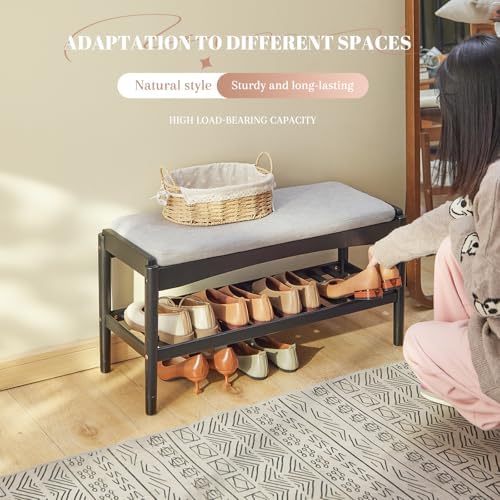 STDDRE Shoe Bench Entryway Bamboo 2-Tier Shoe Rack with Cushion Padded Seat Shoe Bench Organizer Stable for Hallway, Living Room, Bedroom(31.5 * 11.4 * 16.5IN, Black-Gray)