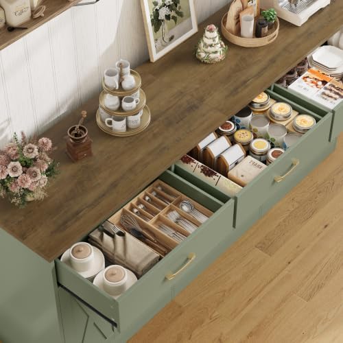HOSTACK 71" W Kitchen Sideboard Buffet Cabinet with Storage, Green/Brown